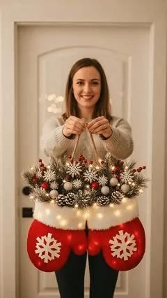 Twinkling Christmas Mitten Wreath with LED Lights