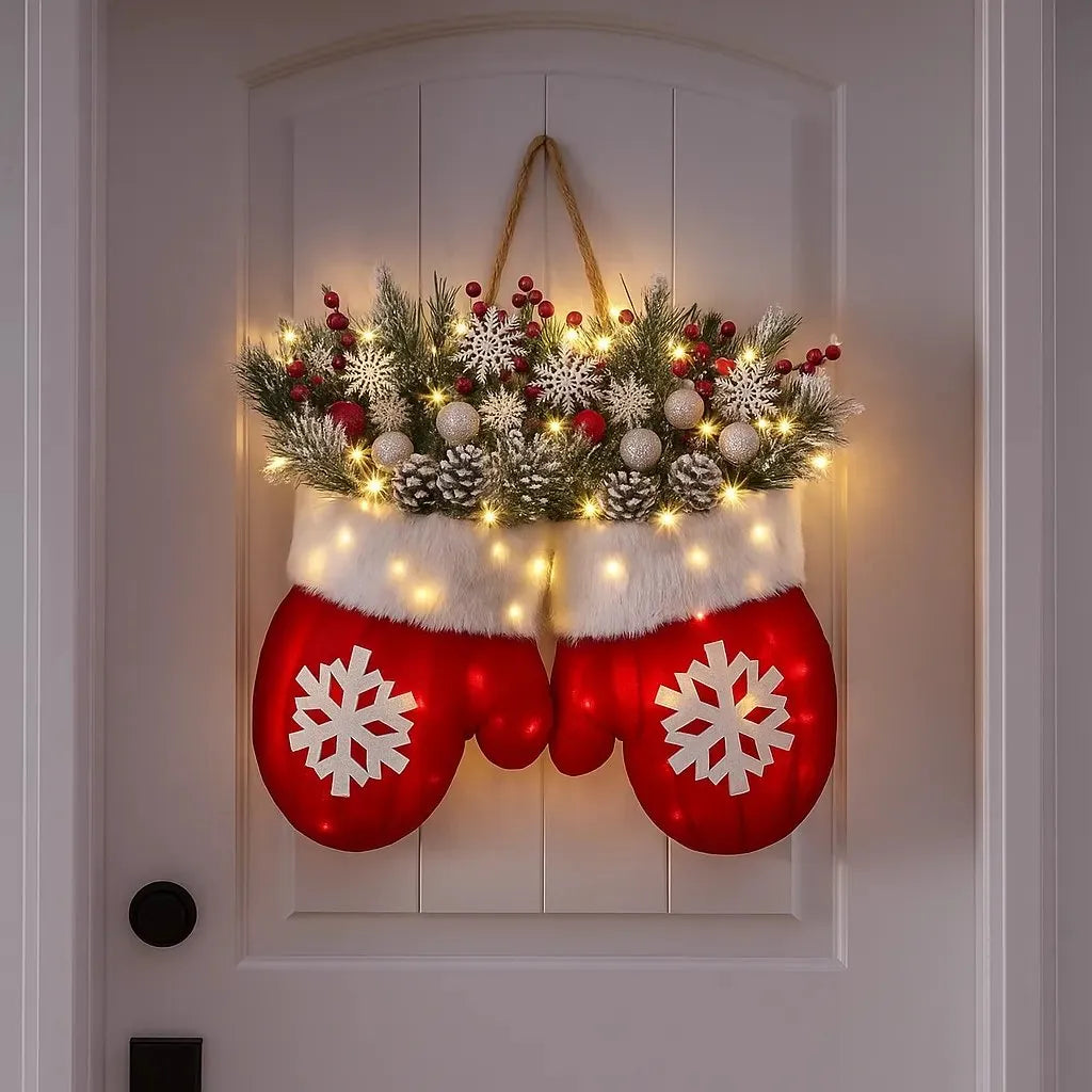 Twinkling Christmas Mitten Wreath with LED Lights