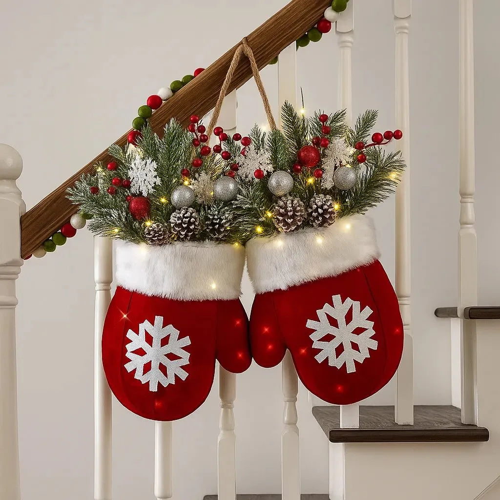 Twinkling Christmas Mitten Wreath with LED Lights